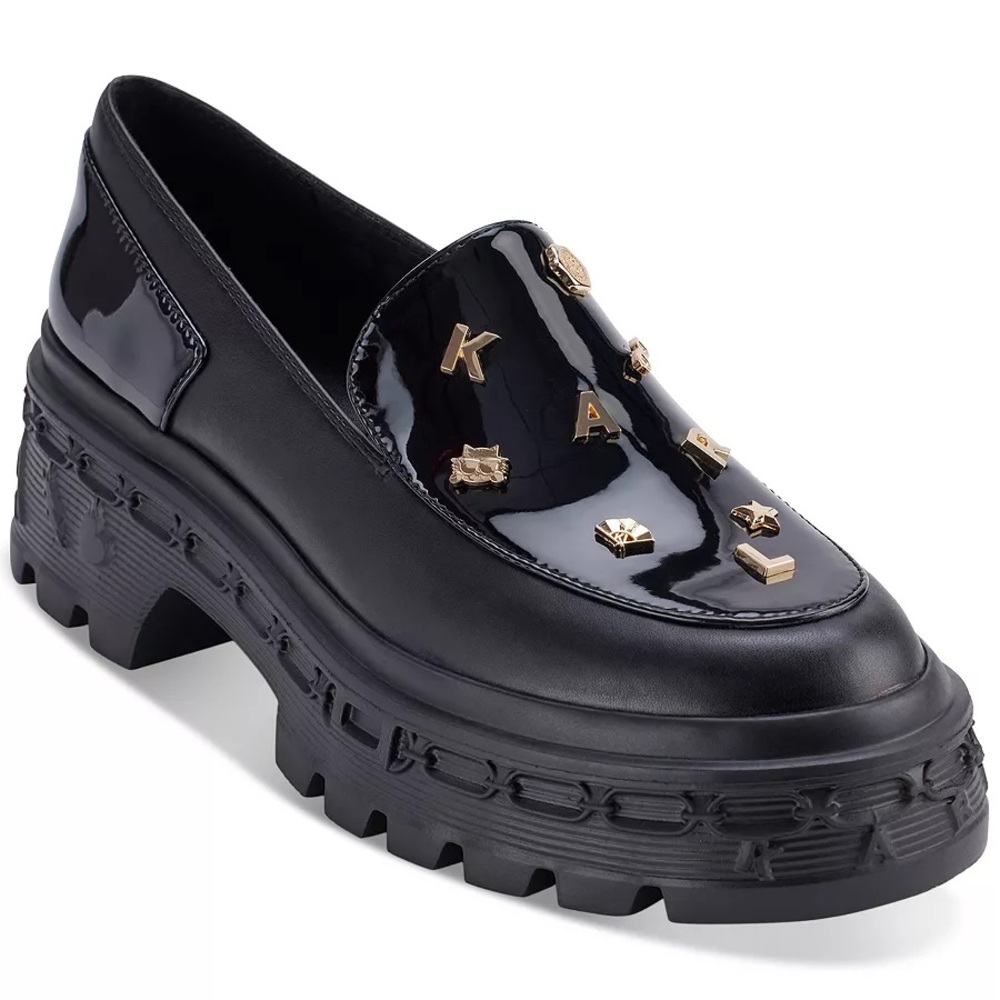 Karl Lagerfeld Black Patent Leather Platform Loafers with Gold Studs